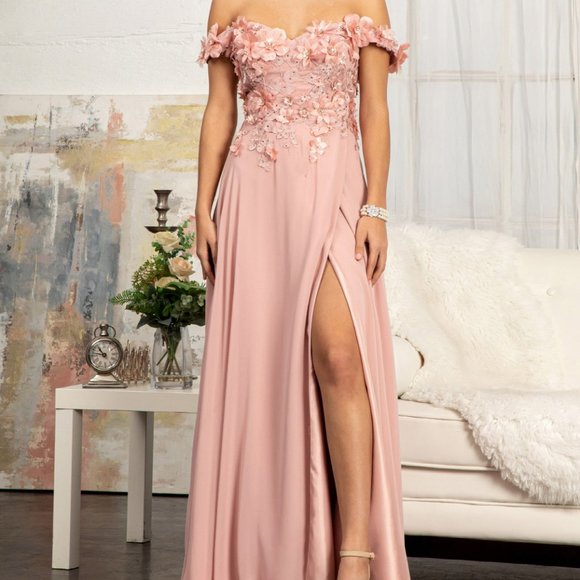 ROSE Floral 3D Applique and Embroidery Embellished A-Line Chiffon Dress GL3018